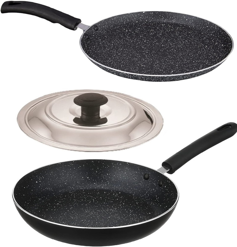 HM EVOTEK fry pan lid dosa tava combo set premium finish Tawa 23.5 cm, 27.5 cm diameter with Lid(Aluminium, Non-stick)