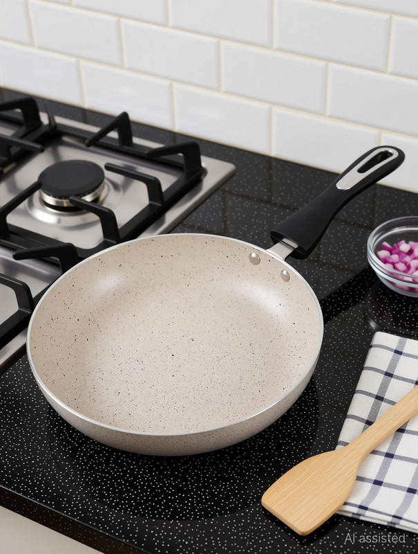 Home-pro Granite Non-Stick Fry Pan 24cm /Induction Base with Stylist Handle /Off white Fry Pan 24 cm diameter 1.5 L capacity(Aluminium, Non-stick, Induction Bottom)