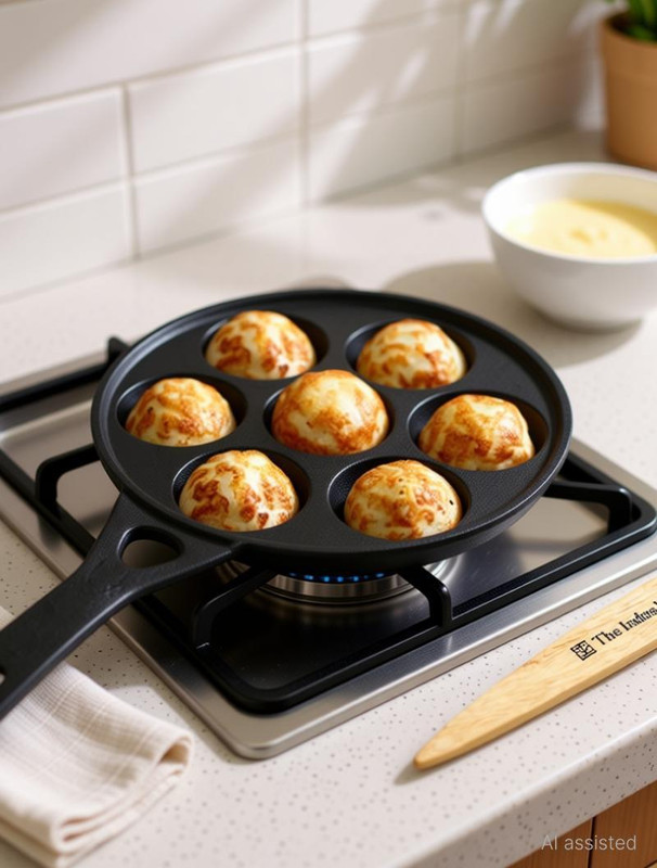 The Indus Valley Pre-Seasoned Cast Iron Paniyaram Pan with Glass Lid 9 pit - 8.2inch Paniarakkal Pan 20.8 cm diameter with Lid 0 L capacity(Cast Iron, Induction Bottom)