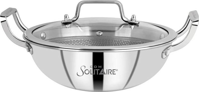 CDM SOLITAIRE Prizm Honeycomb Hybrid Triply Non-Stick Kadai with Glass Lid(2.6L), Kadhai 26 cm, 26 cm, 12 cm diameter with Lid 2.6 L capacity(Triply, Non-stick, Induction Bottom)