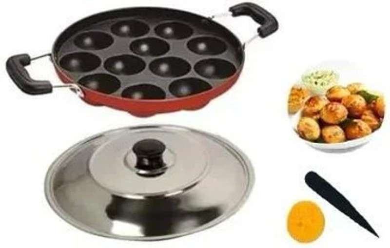 Novmiko 12-Cavities Non Stick Appam Patra with Lid and Side Handle Paniarakkal Pan 23.5 cm diameter with Lid 0.125 L capacity(Aluminium, Stainless Steel, Non-stick)