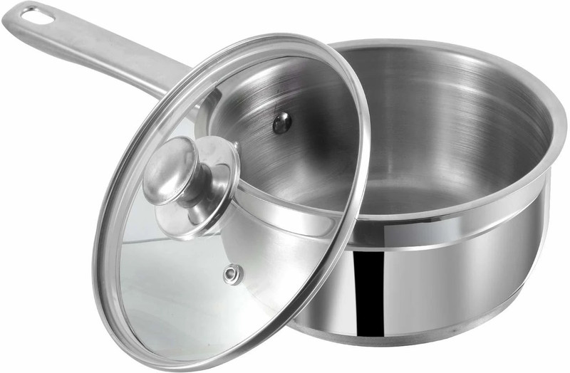 Dotline Stainless Steel Two-Tone Saucepan with Glass Lid – 14 cm, 1.1 Litres Milk Pan 14 cm diameter with Lid 1.1 L capacity(Stainless Steel, Induction Bottom)