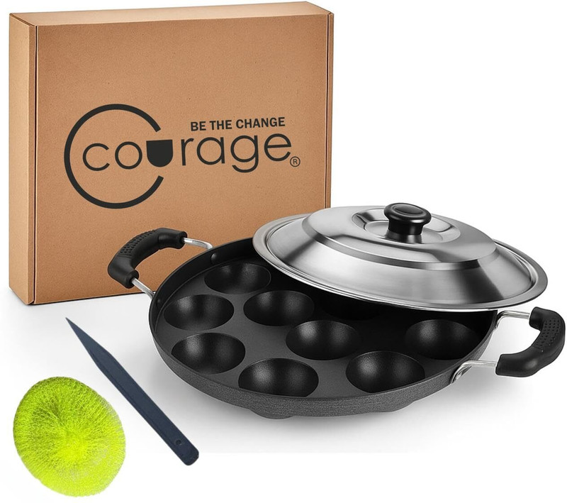 COURAGE ; BE THE CHANGE NonStick Appam Pan with 12Cavities & Stainless Steel Lid|Pan with Double Handle NA Pan 16 cm diameter with Lid 1 L capacity(Stainless Steel, Non-stick)