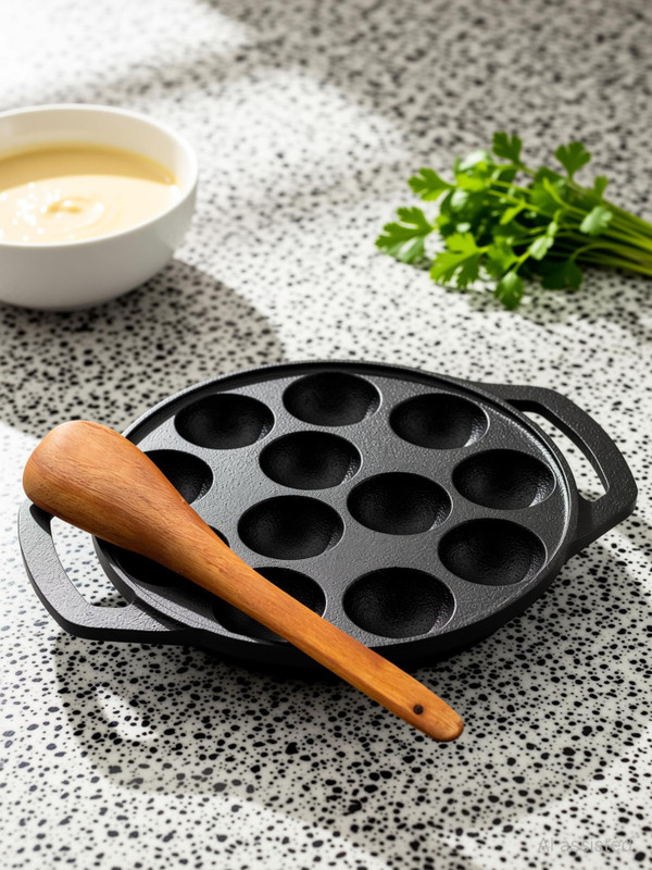 Lifelong Pre-Seasoned Paniyaram Pan With Wooden Spatula, 12 Pits Naturally Non Stick Paniarakkal Pan 21 cm diameter 1 L capacity(Cast Iron, Induction Bottom)
