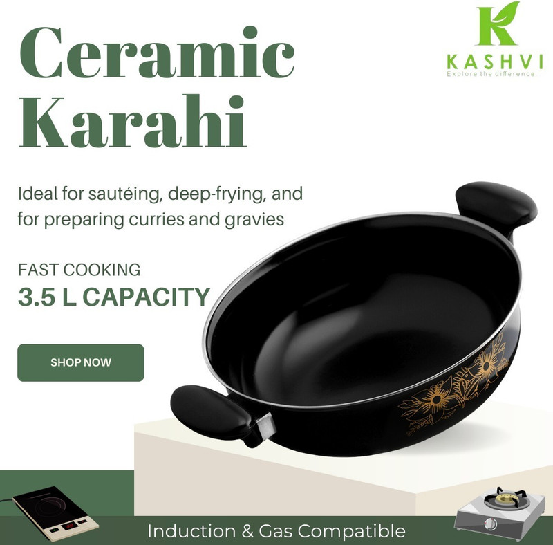 Kashvi Graceful Non Stick Rivit Handle kadai Kadhai 26 cm diameter 3.5 L capacity(Cast Iron, Non-stick, Induction Bottom)