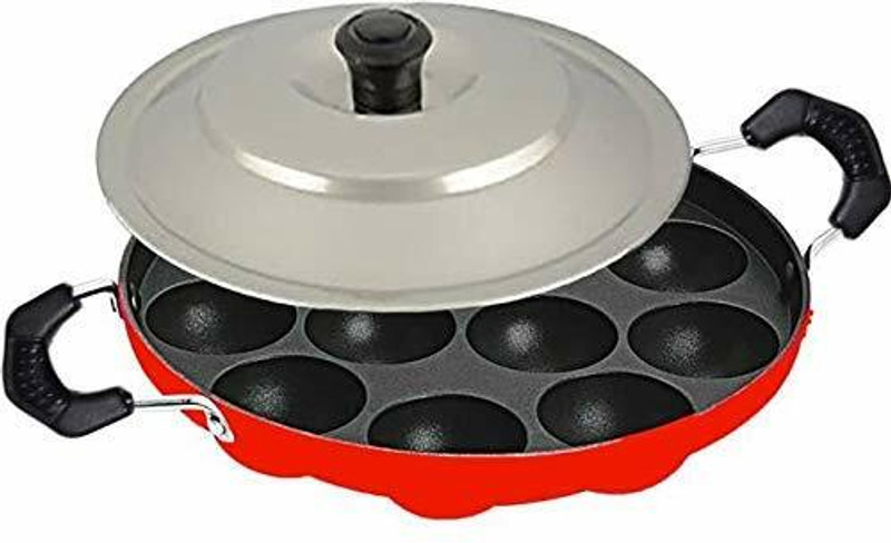 HoneyDell Good Red Appam 12 cavity with lid Pancake Pan 22 cm diameter with Lid 1 L capacity(Aluminium, Non-stick)