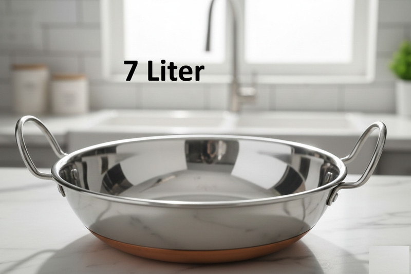 VS Enterprises Copper Bottom Stainless Steel Kadhai Pot Pans with Handle Kadhai 32 cm diameter 7 L capacity(Copper, Steel, Induction Bottom)