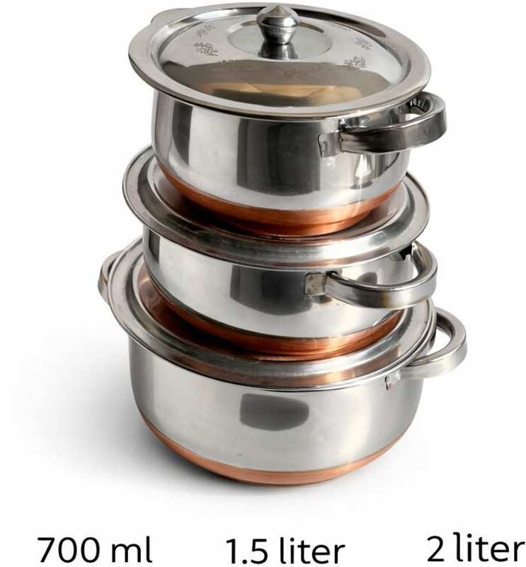 KRB , Copper Handi Set 3 Pc Serving Cooking Bowl With Lid Handi 0.7 L, 1.5 L, 2 L with Lid(Stainless Steel)