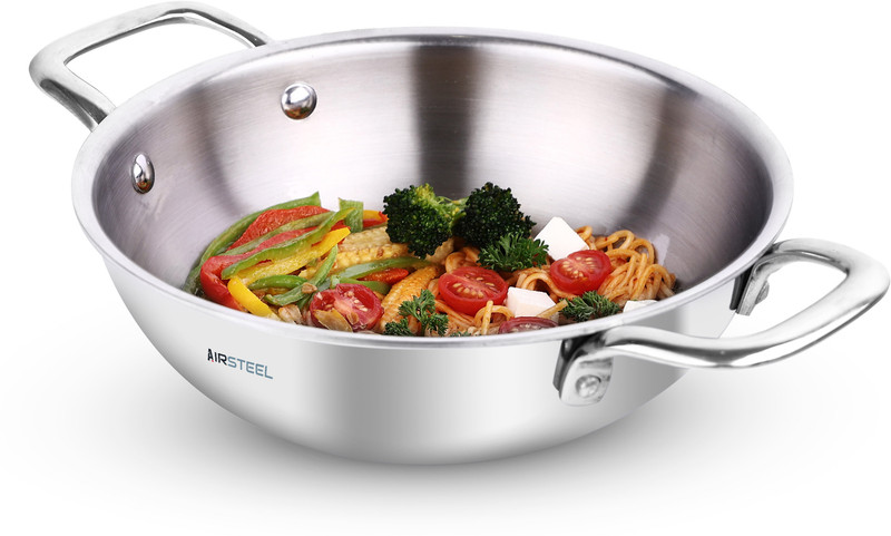 Airsteel Triply Stainless Steel Wok 3 L capacity 23 cm diameter(Triply, Non-stick, Induction Bottom)
