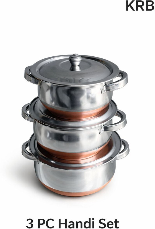 KRB Stainless Steel Copper Bottom Kitchen Serving, with Handle Unique Handi Handi 0.7 L, 1.5 L, 2 L with Lid(Stainless Steel)