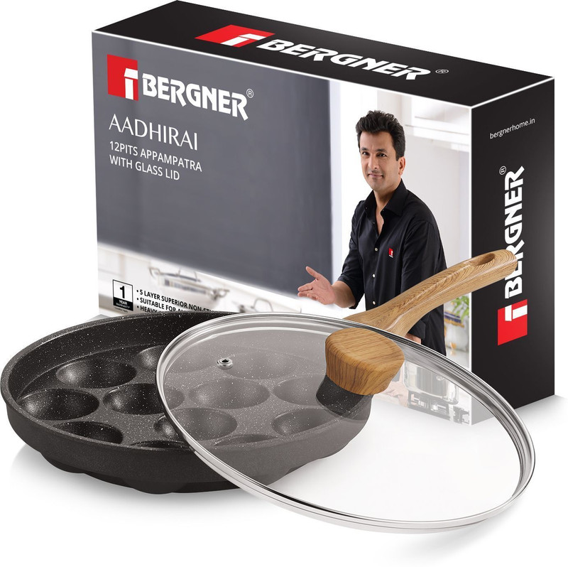 BERGNER Aadhirai Cast Aluminium Non-Stick 12 Pits Appam Patra with Glass Lid | Appachatty Pan 24 cm diameter with Lid 0 L capacity(Aluminium, Non-stick)