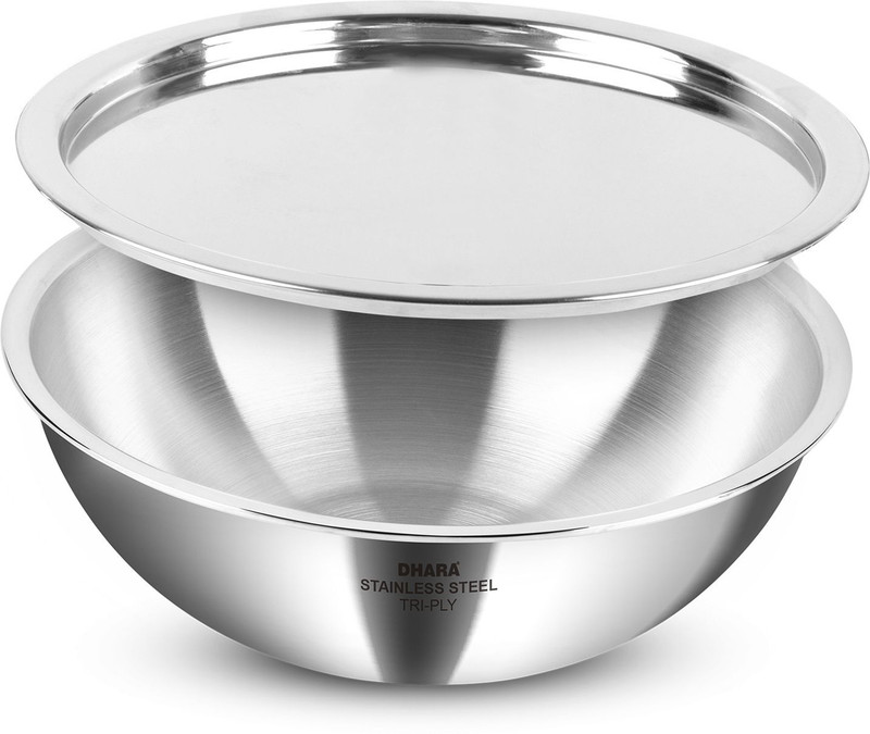 Dhara Stainless Steel Triply Tasla 18 CM | Food Grade Gas Stove Induction Base Deep Stir Fry Tasra Tasla with Lid 1 L capacity 18 cm diameter(Stainless Steel, Induction Bottom)