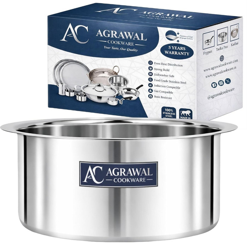 AGRAWAL COOKWARE Heavy Gauge Premium Stainless Steel Tope ,Milk Pot, Induction Base 3 Litre Tope/Bhagona/Patila 3 L capacity 26 cm diameter(Stainless Steel, Induction Bottom)
