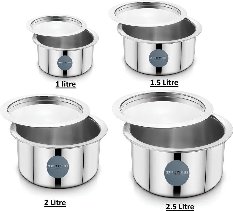 CraftedCutlery Stainless Steel Tope With Lid | Bhagola | Patila | Rust-Resistant (Combo 4PC) Tope/Bhagona/Patila Set with Lid 1 L, 1.5 L, 2 L, 2.5 L capacity 17 cm, 18 cm, 20 cm, 22 cm diameter(Stainless Steel, Induction Bottom)