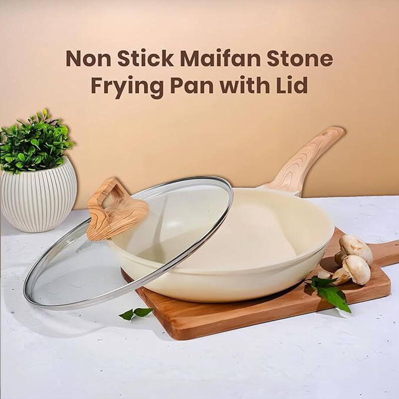 Homero Non Stick Maifan Frying Pan with Lid Fry Pan 20 cm diameter with Lid 1.8 L capacity(Stoneware, Non-stick, Induction Bottom)