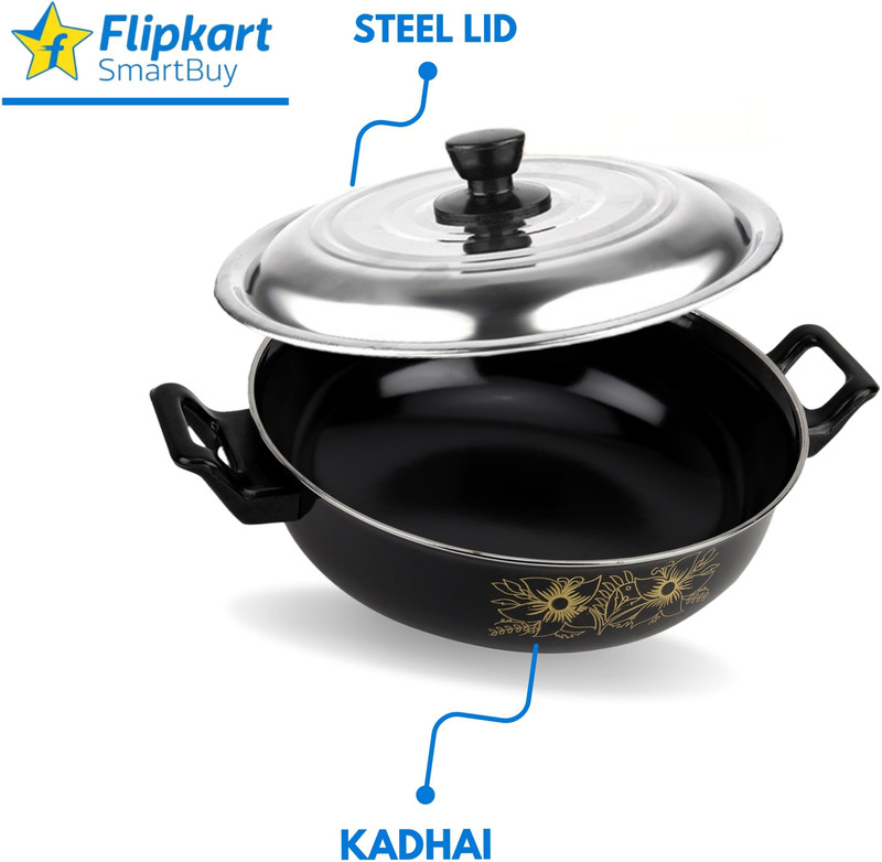 Flipkart SmartBuy Premium Nonstick Kadhai - Induction & Gas Ready Large Cooking & Serving Wok Kadhai 27 cm diameter with Lid 3.5 L capacity(Cast Iron, Non-stick, Induction Bottom)
