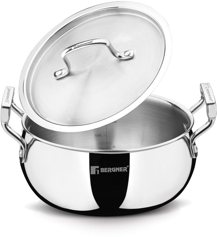 BERGNER TriPro Tri-Ply Stainless Steel 20cm/3.1L Belly Shape Biryani Handi/Casserole Handi 3.1 L with Lid(Triply, Induction Bottom)