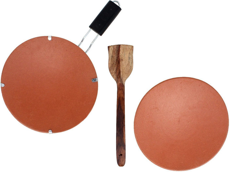 KSI Earthenware Clay Tawa Combo – 1 with Stand & 1 Without Stand | Wooden Spatula Tawa 10 cm diameter(Earthenware, Induction Bottom)