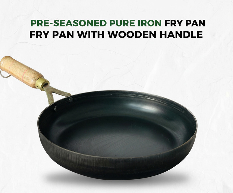 My Store Modern Kitchen Pure Iron Frying Pan | Pre-Seasoned Wooden Handle Iron Fry Pan 25 cm diameter 1.4 L capacity(Iron)