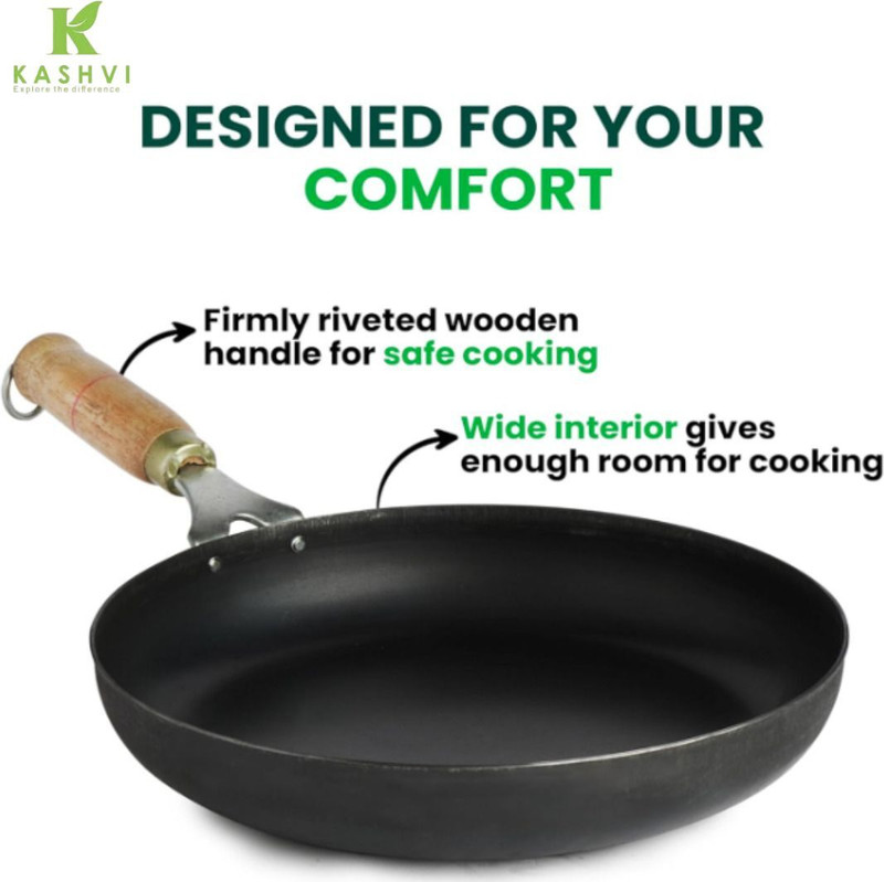 Kashvi Pre-Seasoned Long Wooden Handle Fry Pan 25 cm diameter 1.3 L capacity(Iron)