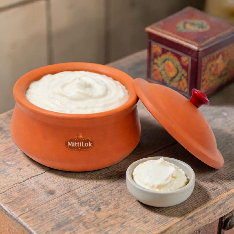 MittiLok Handmade Mitti Clay Dahi Handi 500ml Handi 0.5 L with Lid(Earthenware, Non-stick)