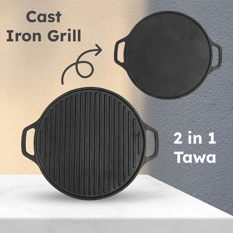 QBOND Pre-Seasoned Cast Iron 2 in 1 Grill/Pan Dosa Tawa (30CM ) Flat Pan 13 cm diameter 1 L capacity(Cast Iron)