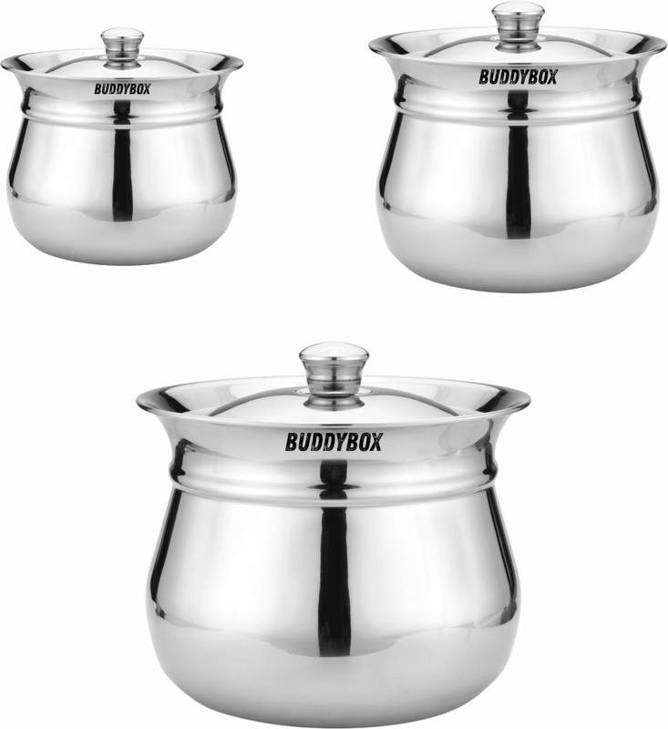BuddyBox Stainless Steel Handi | Milk Pot | Steel Pot 0.5, 1, 1.5 Liter capacity with Lid Handi 0.5 L, 1 L, 1.5 L with Lid(Stainless Steel, Non-stick, Induction Bottom)
