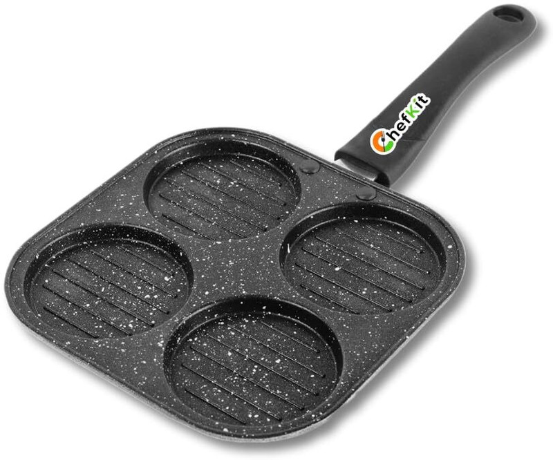 Chefkit 4-Cavity Non-Stick Aluminium Grill Appam/Uttapam Maker with Bakelite Handle Fry Pan 21 cm diameter 1 L capacity(Aluminium, Non-stick)