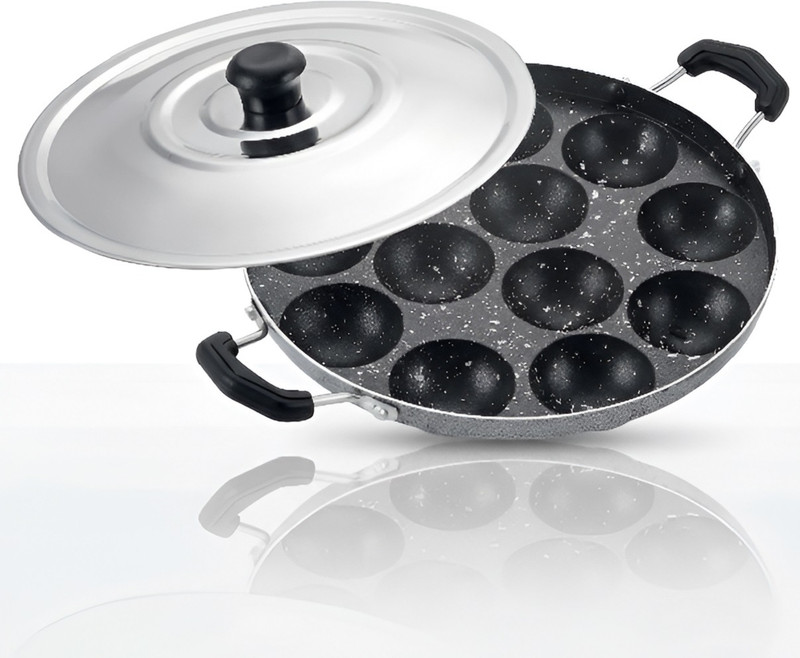 NARV Deep Hole Unniyappam Chatti Kuzhi Paniyaram Maker Traditional South Breakfast Paniarakkal Pan 23 cm diameter with Lid 0.5 L capacity(Aluminium, Non-stick)