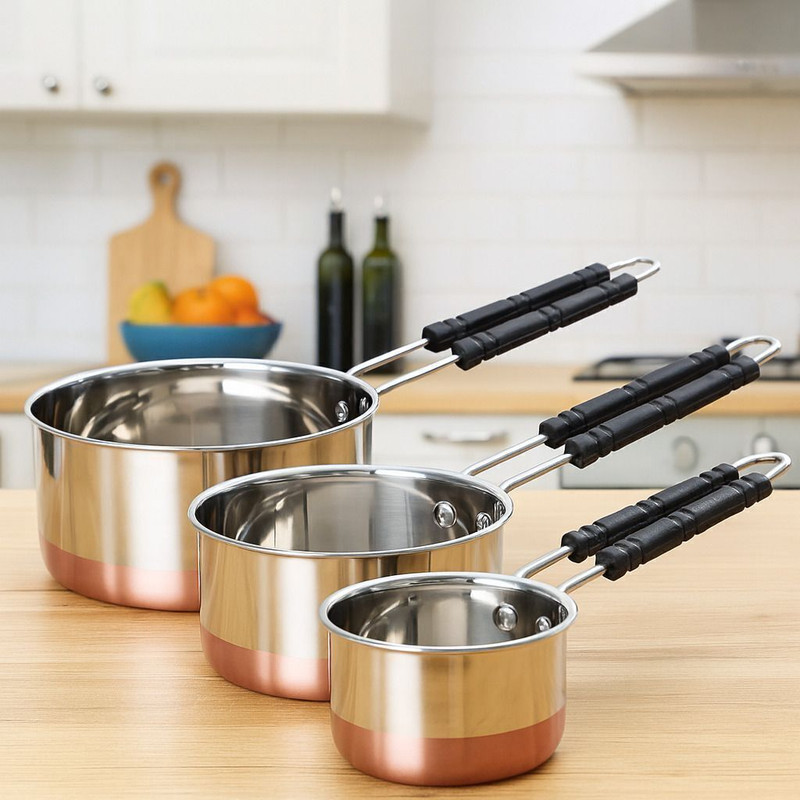 Dotline Tea Pan Stainless Steel Copper Bottom Sauce Pan Sauce Pan Pot 9.5 cm, 8.5 cm, 8 cm diameter 1.5 L, 2 L, 1 L capacity with Lid(Copper, Induction Bottom)