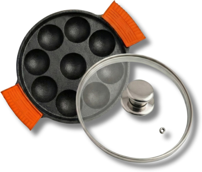 Human Hydro IronCure Cast Iron 12-Pit Paniyaram Pan/Appam Patra with Glass Lid Paniarakkal Pan 20 cm diameter with Lid 1.1 L capacity(Cast Iron, Induction Bottom)