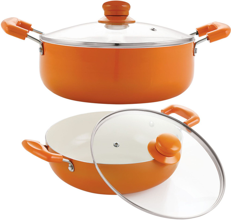 NIRLON Ceramic Non-Stick Aluminium Induction Friendly Cooking Kadhai,3.1 Liter, Orange Kadhai 24 cm diameter with Lid 3.1 L capacity(Aluminium, Non-stick, Induction Bottom)