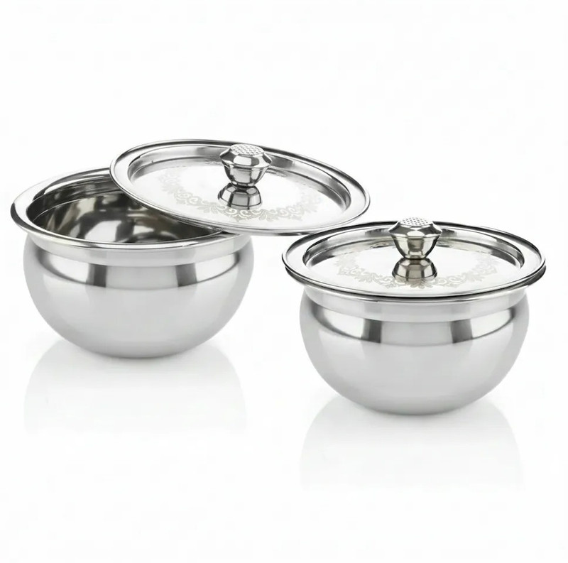 JIYANZONE 2pcs Stainless Steel Mini Apple Handi Set Panjabi Biryani Serving Bowl Kitchen Handi 500 L with Lid(Stainless Steel)