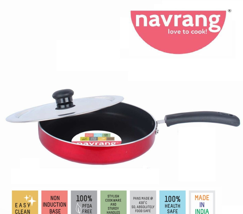 NAVRANG NONSTICK FRY PAN 220MM INDUCTION BASE, RED, 1.5 LTR Fry Pan 22 cm diameter 1.2 L capacity(Aluminium, Non-stick, Induction Bottom)