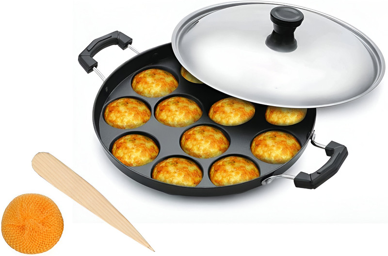 RBGIIT Gunta Ponganalu Maker Non Stick Pan with Lid | Iron Cookware | Non-Stick Coated Paniarakkal Pan 23 cm diameter with Lid 0.5 L capacity(Aluminium, Non-stick)