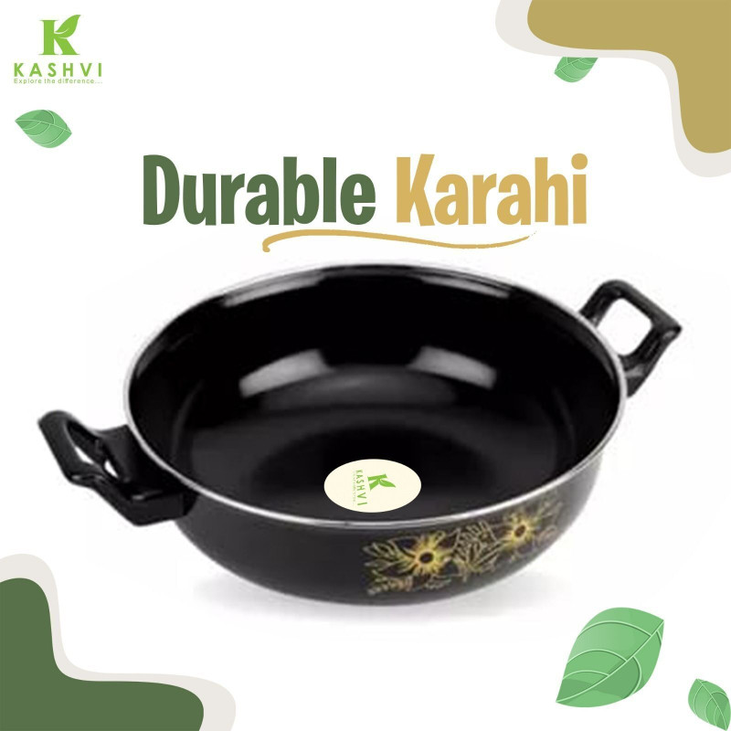 Kashvi Induction and Gas Stove Use Premium Black Kadhai 26 cm diameter 3.5 L capacity(Cast Iron, Non-stick)
