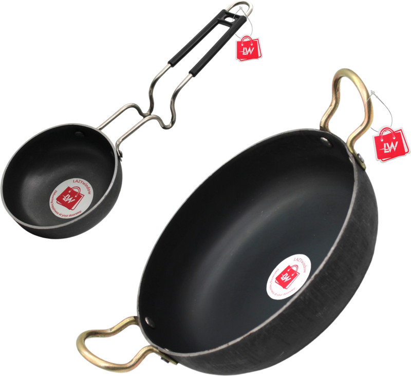 LAZYwindow Best iron Tadka Pan and kadhai combo for Indian cooking Flat Pan 25 cm diameter 0.1 L capacity(Iron, Induction Bottom)