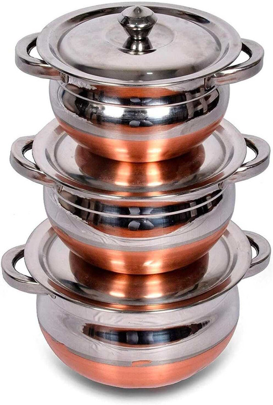 KRB Stainless Steel Copper Base Handi/Patila/Biryani Cook & Serve Cookware Set Handi 0.7 L, 1.5 L, 2 L with Lid(Stainless Steel)