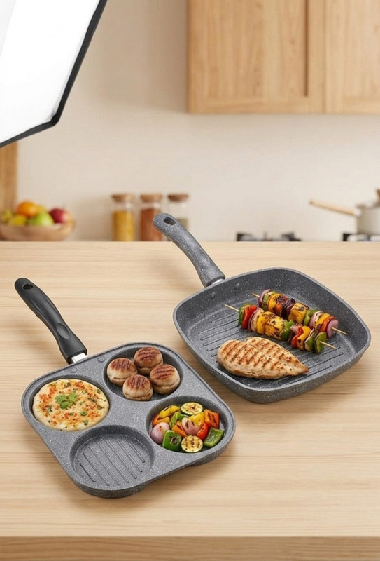 HM EVOTEK Mini Uttapam Pan 4 Slot with Grill Pan Combo Gas Stove Ready Non-Stick Coated Cookware Set(PTFE (Non-stick), 2 - Piece)