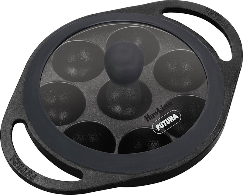 Hawkins Futura 16 cm Cast Iron Appe Pan, Paniyaram Pan with Glass Lid, Black (CIAP16G) Paniarakkal Pan 16 cm diameter with Lid 0.2 L capacity(Cast Iron, Non-stick)