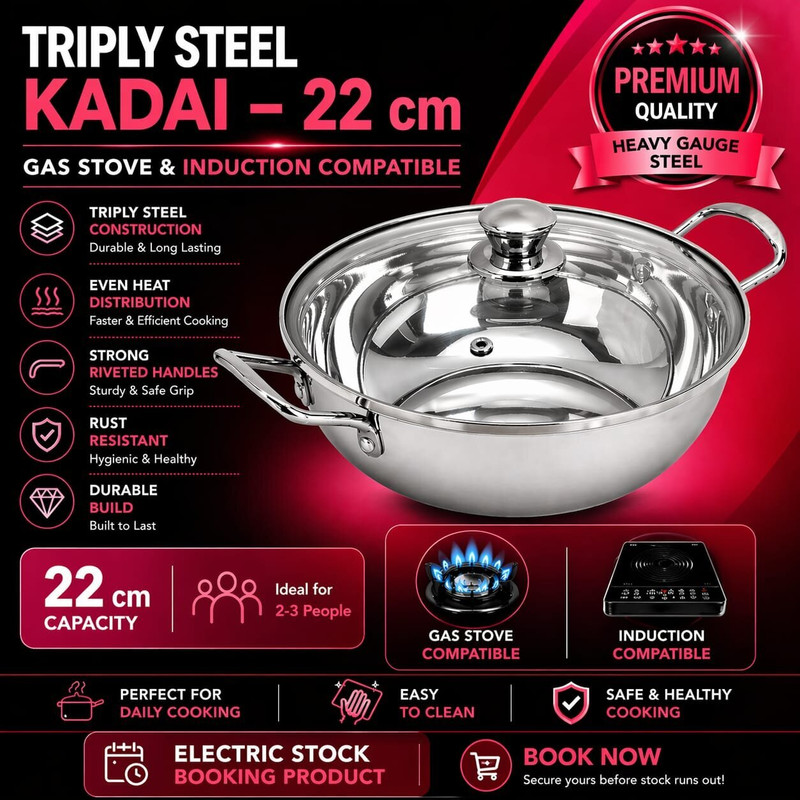 Red Robin Heavy Gauge Triply Steel Kadhai 22 cm with Lid | Rust Resistant | Induction Base Kadhai 22 cm diameter with Lid 2 L capacity(Stainless Steel, Triply, Induction Bottom)
