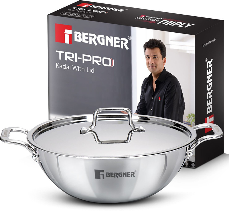 BERGNER Tripro Kadhai 24 cm diameter with Lid 2.5 L capacity(Steel, Induction Bottom)