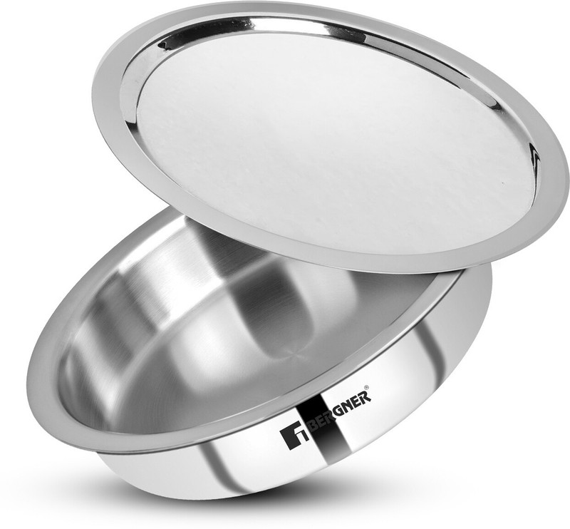 BERGNER Argent TriPly Lagdi/ Shallow Tope with Lid,Healthy, Non-Toxic | Tope/Bhagona/Patila Set with Lid 1.9 L capacity 22 cm diameter(Triply, Induction Bottom)