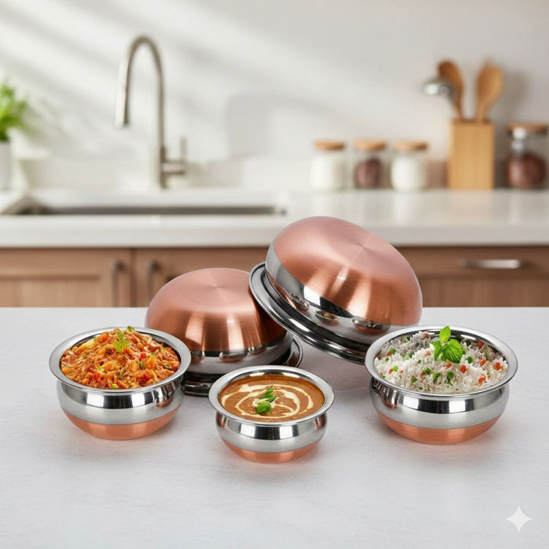 Eunwoo CopperBottom Handi Set/Cookware Set of 5 Pieces Without lid Cooking Serving Bowl Handi 1500 L(Stainless Steel, Non-stick, Induction Bottom)