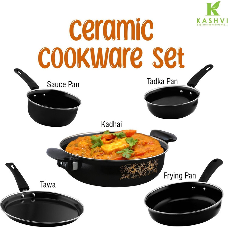 Kashvi Best Kitchen Cookware Gift 5 PSC Combo Fry Pan, Sauce Pan, Tadka Pan, Tawa, Kadhai 26 cm diameter 3.5 L capacity(Cast Iron, Non-stick, Induction Bottom)