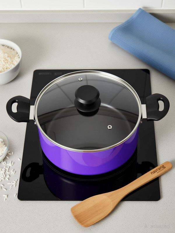 NAVRANG Biryani Pot High Grade Induction base Aluminum Nonstick pot with wooden spatula, Pot 22 cm diameter 3.5 L capacity with Lid(Aluminium, Non-stick, Induction Bottom)