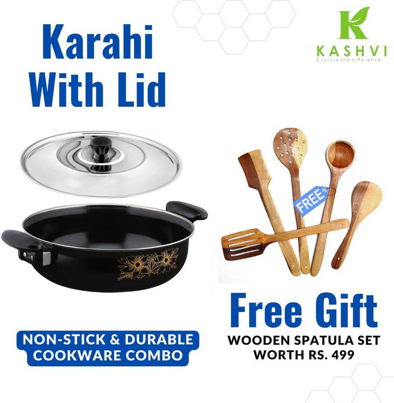 Kashvi Chef-Quality Cooking with Best Kadahi/Karahi + 5 Wooden Spatulas Kitchen Set Kadhai 26 cm diameter with Lid 3.5 L capacity(Cast Iron, Non-stick, Induction Bottom)