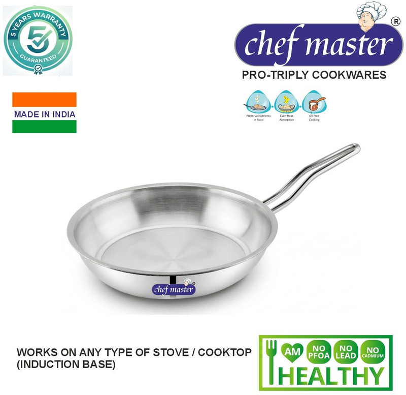 Chefmaster TRI-MAX Be Essentials Triply Stainless Steel Heavy Duty Fry Pan 22 cm diameter 1.4 L capacity(Triply, Induction Bottom)