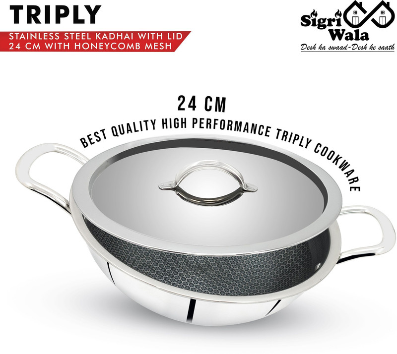Sigri-wala Cook Healthy Triply Kadhai 20 cm diameter with Lid 1.8 L capacity(Triply, Induction Bottom)
