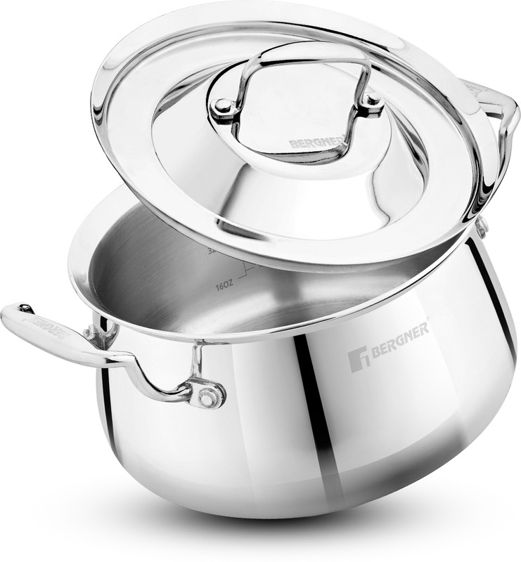 BERGNER Argent Samsara Triply Stainless Steel 28cm Shallow Rice Handi 4.25 L with Lid(Triply, Non-stick, Induction Bottom)